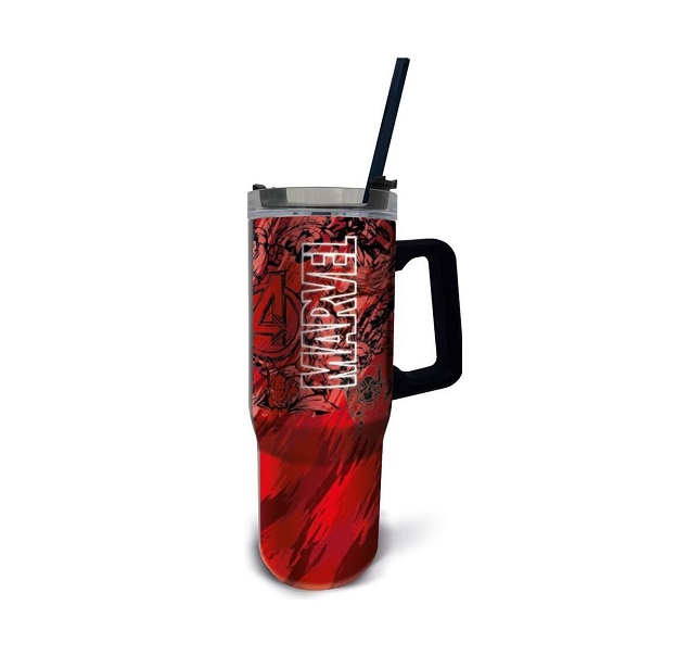Stor Marvel - Pattern XL Rambler Handled Tumbler Θερμός Ανοξείδωτο 940ml Κόκκινο με Καλαμάκι και Λαβή 75443