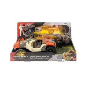 Jurassic World Rebirth Launch N Battle Vehicle with 1 Human & 1 Raptor Figure (JGB59)