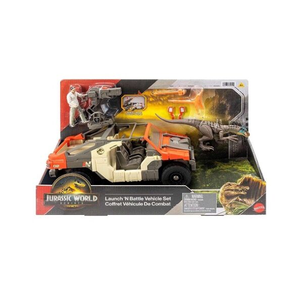Jurassic World Rebirth Launch N Battle Vehicle with 1 Human & 1 Raptor Figure (JGB59)